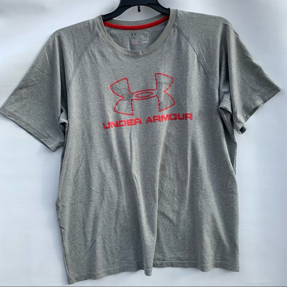 Under Armor Logo Shirt Heat Gear Loose Fit Grey Red Mens Size Large L